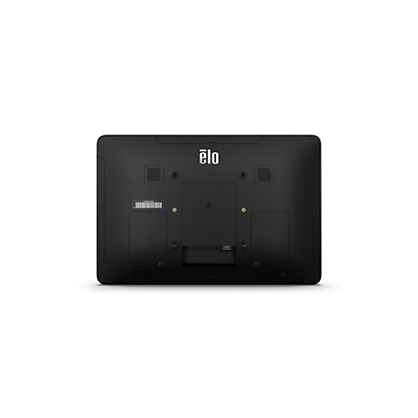 Rückseite eines schwarzen Elo Touchscreen-Monitors mit Logo, Lautsprechern und Montagevorrichtung.