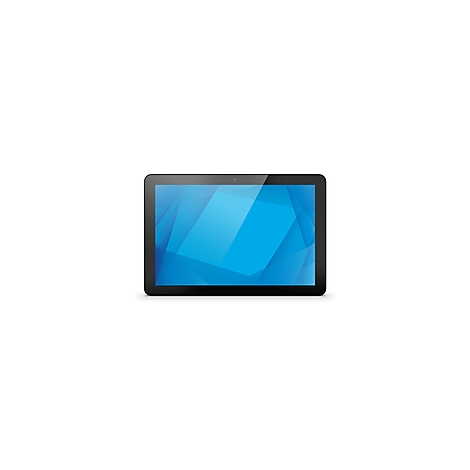 Schwarzes Tablet mit blauem Bildschirm. Der Hintergrund zeigt abstrakte blaue Formen.