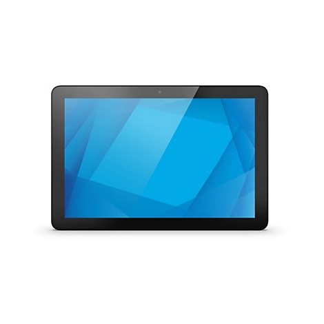 Schwarzes Tablet mit blauem Bildschirm, der geometrische Muster zeigt. Das Tablet ist vor weißem Hintergrund platziert.
