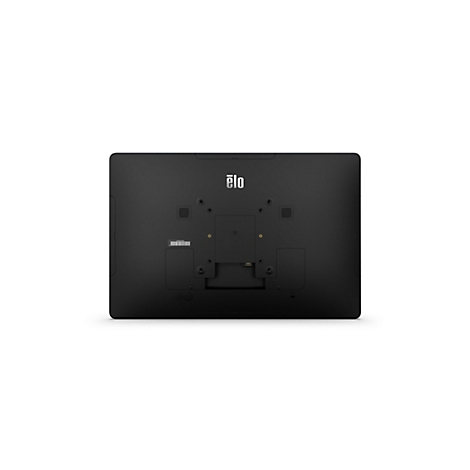 Rückseite eines schwarzen Elo Touchscreens mit VESA-Halterung und Firmenlogo vor weißem Hintergrund.
