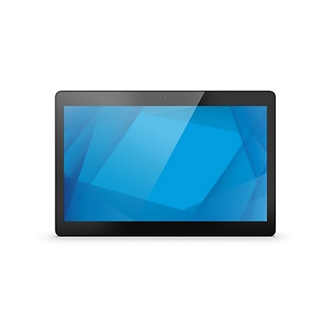 Schwarzes Tablet mit blauem Bildschirm auf weißem Hintergrund.