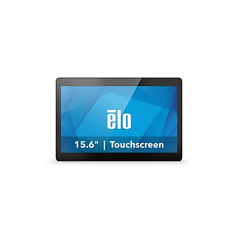 Elo 15,6-Zoll Touchscreen-Monitor mit blauem Hintergrundbild vor weißem Hintergrund.