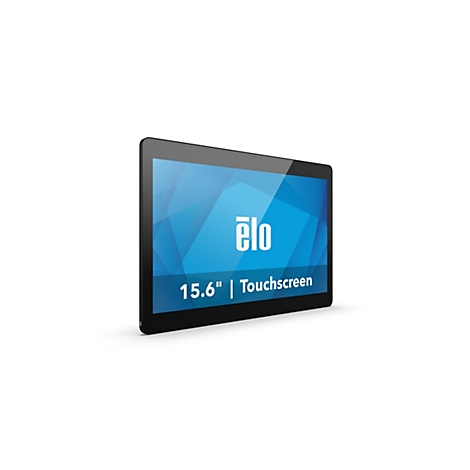 Schwarzer Elo 15,6-Zoll-Touchscreen-Monitor mit blauem Hintergrund auf weißem Grund.