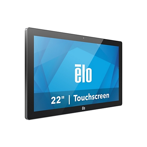 Un écran tactile noir rectangulaire sur fond blanc. L'écran affiche le logo de la marque ELO, le texte "22" | Touchscreen".