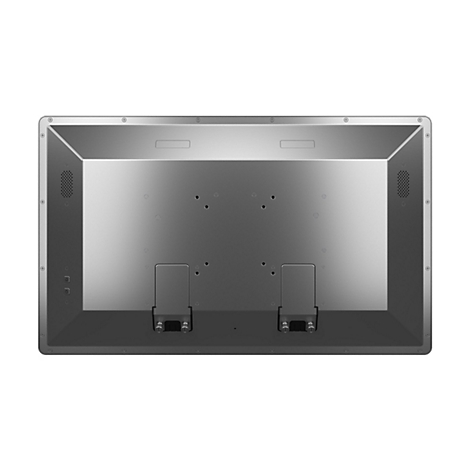 Arrière d'une télévision argentée avec connecteurs, trous et vis. Coins arrondis.