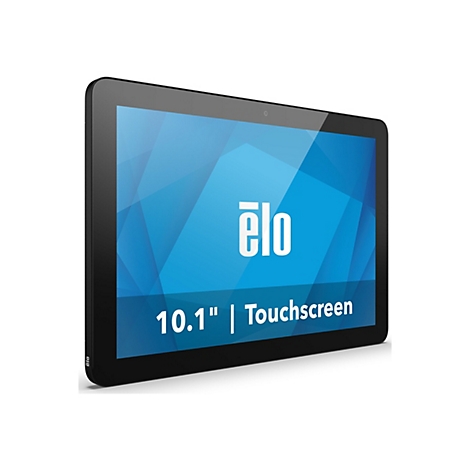 Schwarzes Tablet mit Touchscreen und blauem Hintergrund, darauf das Logo "elo" und die Beschriftung "10.1" | Touchscreen".