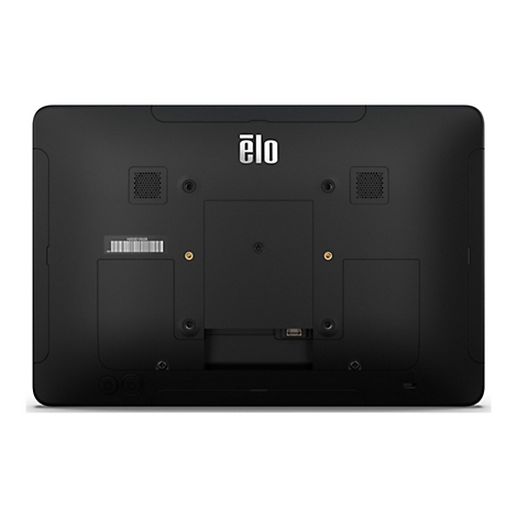 Rückseite eines schwarzen Elo-Touchscreens mit Logo, Lüftungsschlitzen, Anschlüssen und Bedienelementen.
