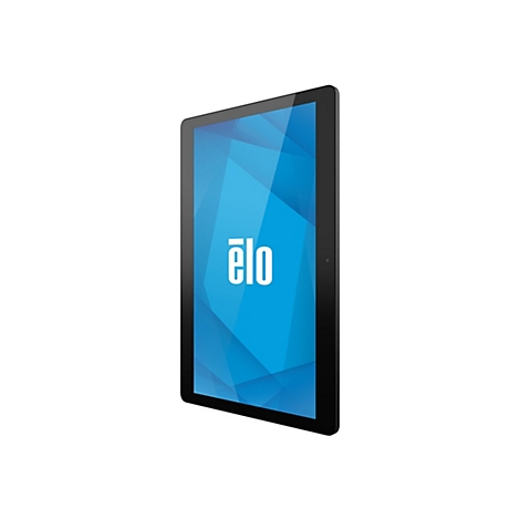 Ein schwarzes Tablet, das leicht von der Seite in einem Winkel gehalten wird. Der Bildschirm ist blau mit dem weißen Wort "ëlo".