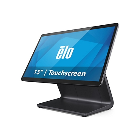 Schwarzer Touchscreen-Monitor mit dem Elo-Logo, 15", auf weißem Hintergrund.