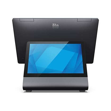 Ein schwarzer Touchscreen-Monitor mit dem Logo "elo". Der Bildschirm zeigt eine blaue Grafik. Der Monitor ist auf einem silbernen Sockel montiert.