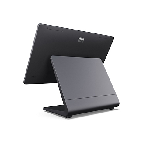 Ein schwarzes Elo Touchscreen-Gerät, schräg von hinten fotografiert, auf einem grauen Ständer. Auf dem Gehäuse der Schriftzug "elo".