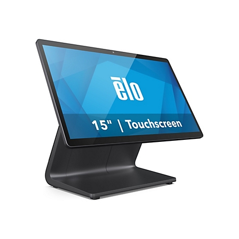 Ein schwarzer Touchscreen-Monitor mit Standfuß. Auf dem Bildschirm steht "elo" und "15" | Touchscreen".