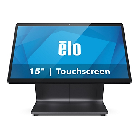 Ein schwarzer Touchscreen-Monitor mit dem Elo-Logo auf blauem Hintergrund. Darunter steht "15 Zoll | Touchscreen".