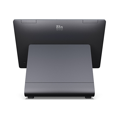 Un écran tactile gris avec un support. L'écran affiche le logo 'elo'.