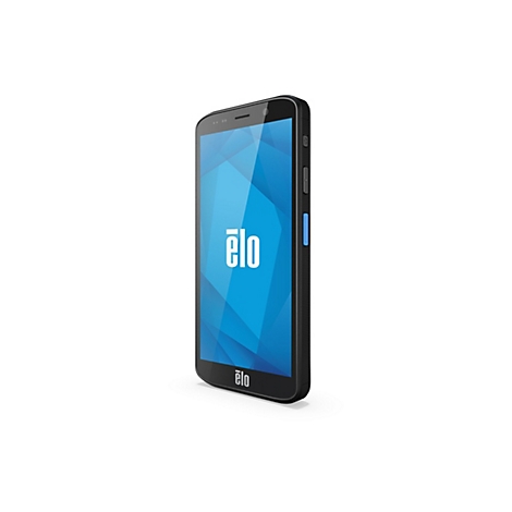 Ein schwarzes Smartphone mit blauem Bildschirm, auf dem das Logo "elo" steht. Das Telefon ist leicht geneigt und zeigt die Seite mit Tasten und einem blauen Streifen.