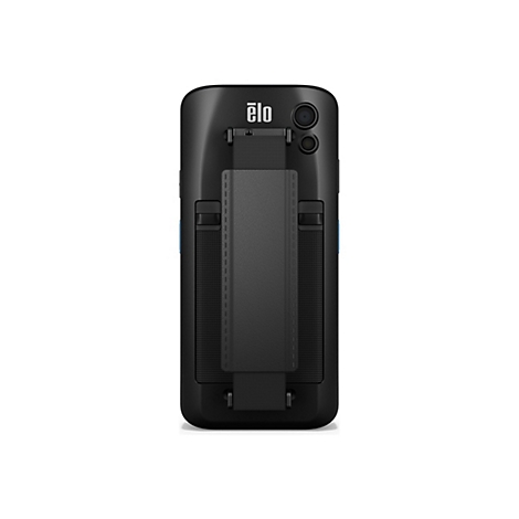 Rückseite eines schwarzen Tablets mit einem Griff, einem Kameramodul und dem Elo-Logo.