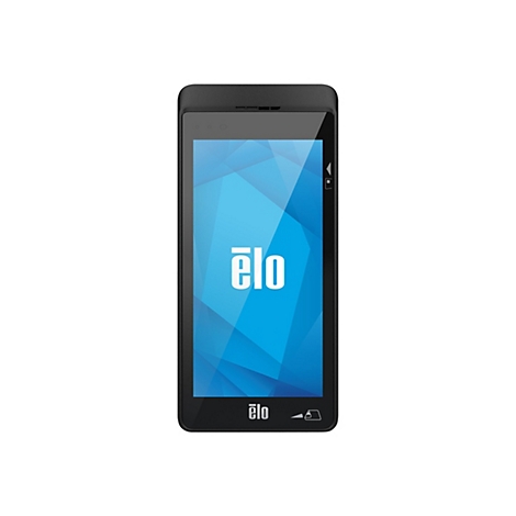 Schwarzes Elo-Handheld-Gerät mit blauem Display und weißem Logo auf weißem Hintergrund.