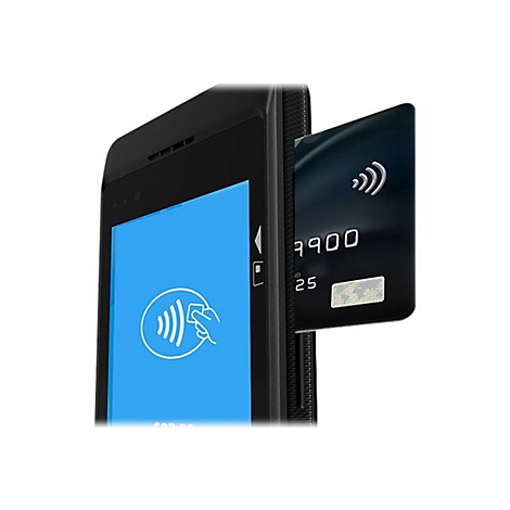 Ein schwarzes Kartenlesegerät mit einer Kreditkarte, die kontaktlos gehalten wird.