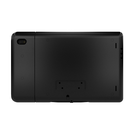 Dunkles Tablet von der Rückseite, mit Kamera und Knöpfen. Das Gerät ist schwarz.