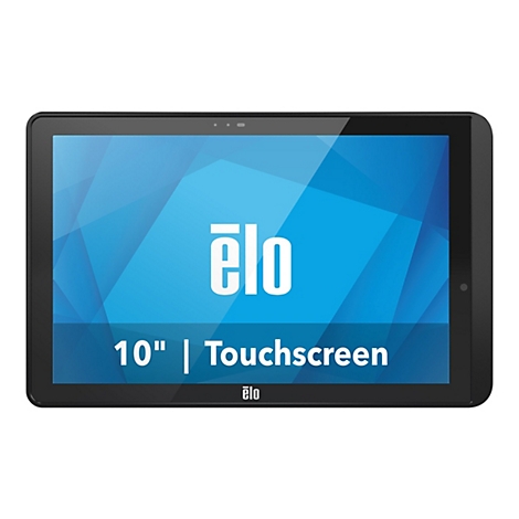 Schwarzes Tablet mit Touchscreen und blauem Bildschirm mit Logo.