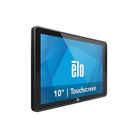 Schwarzes Elo Touchscreen-Tablet, 10 Zoll Bildschirm, blaue Oberfläche mit weißem Logo und Text, schwarzer Rahmen, weißer Hintergrund.
