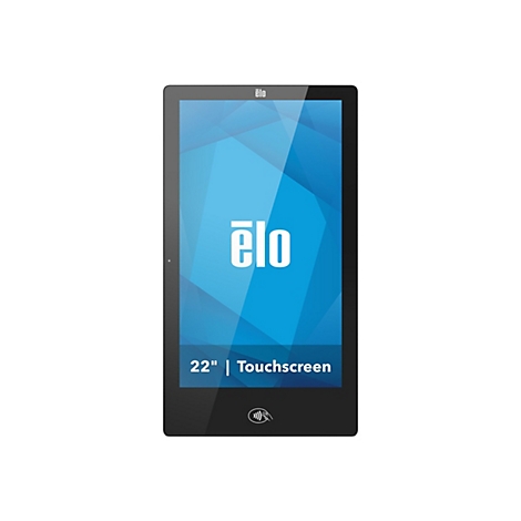Ein schwarzes Touchscreen-Display mit dem weißen Logo „ēlo“ und der Aufschrift „22" | Touchscreen“ auf blauem Hintergrund.