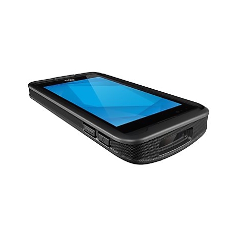 Schwarzes Tablet mit blauem Bildschirm. Seitlich befinden sich Knöpfe und ein Scanner. Auf weißem Hintergrund.