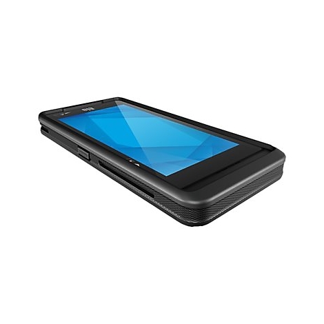 Schwarzes Smartphone mit blauem Bildschirm. Auf der Seite befinden sich Knöpfe und ein Schlitz.