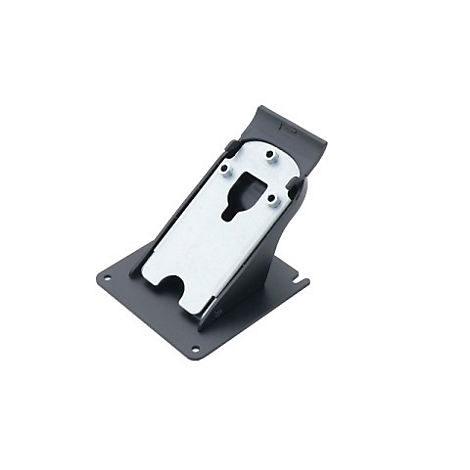 Schwarze Metallhalterung, angewinkelt, für Bildschirm oder Gerät.