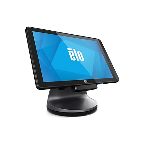 Ein schwarzes Elo-Touchscreen-Terminal mit blauem Bildschirm, auf dem das Logo "elo" steht. Das Terminal ist auf einem Standfuß montiert.