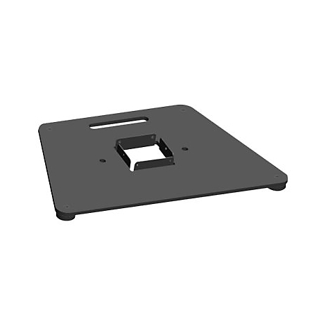 Schwarze, quadratische Platte mit Griff, Metallhalterung in der Mitte und Gummifüßen.