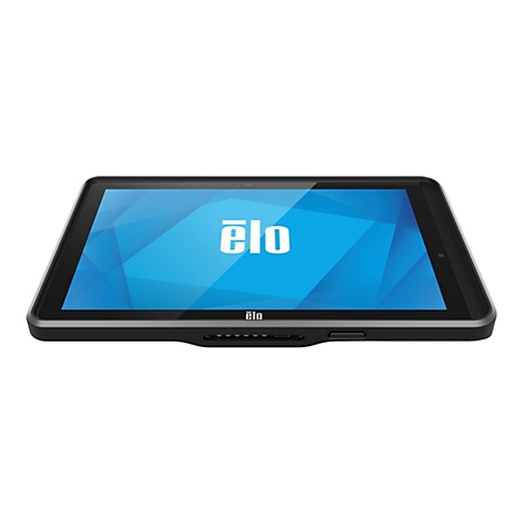 Ein schwarzes Tablet mit dem Logo "ēlo" auf dem Bildschirm und dem Gehäuse. Der Bildschirm zeigt ein blaues Muster.