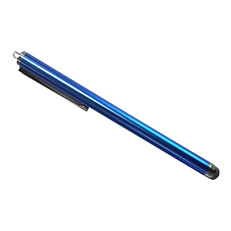 Blauer Stylus-Stift mit silberfarbenem Clip, Spitze und oberem Ring, vor weißem Hintergrund.