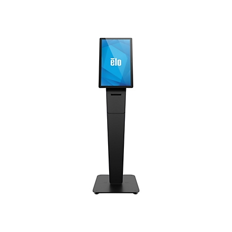 Schwarzer Touchscreen-Kiosk, Elo-Logo, auf weißem Hintergrund. Der Kiosk steht auf einem Sockel.