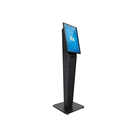 Schwarzer Touchscreen-Kiosk mit Logo „elo“ auf weißem Hintergrund. Der Bildschirm zeigt ein blaues Design.