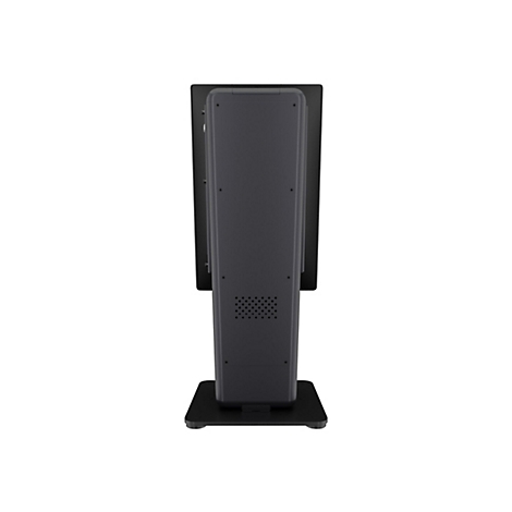 Rückansicht eines schwarzen Touchscreen-Kiosks, der auf weißem Hintergrund steht.