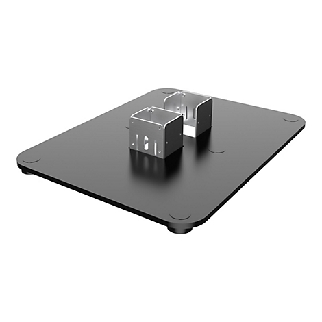 Schwarze Bodenplatte mit zwei Metallhalterungen auf weißem Hintergrund.