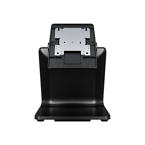 Schwarzer Monitorständer, Ansicht von hinten, silberne Halterung. Text: VESA Cover, Est. 15".