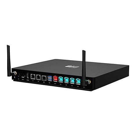 Schwarzes Router-Gerät mit Antennen, Anschlüssen und Anschlüssen, vor weißem Hintergrund.