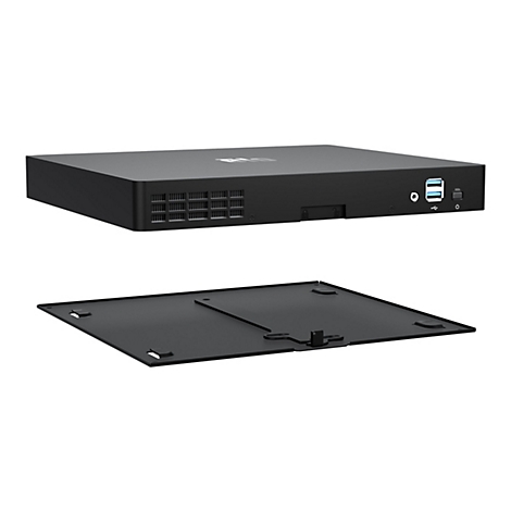 Schwarzer Mini-PC mit abnehmbarem Deckel. Oben: Lüftungsschlitze, Anschlüsse und Ein-/Aus-Taste.