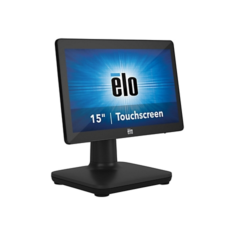 Ein schwarzer Touchscreen-Monitor mit Elo-Logo, 15" und Touchscreen-Text auf dem Display, montiert auf einem Standfuß.