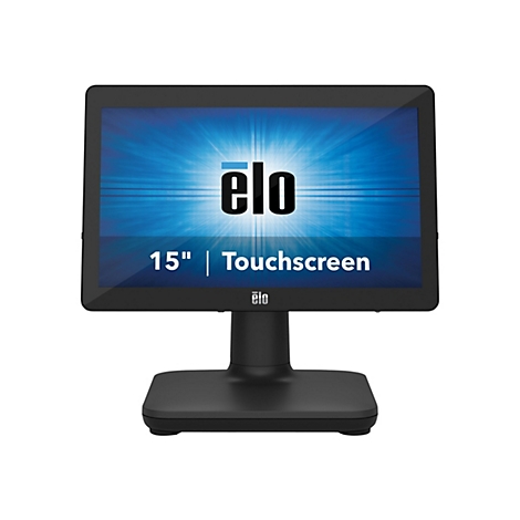 Schwarzer Touchscreen-Monitor mit der Aufschrift "ëlo 15" | Touchscreen". Der Hintergrund ist blau mit Lichteffekten.
