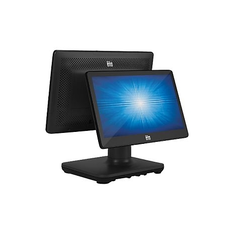 Ein schwarzer Touchscreen-Monitor mit blauem Bildschirm und einem weiteren Monitor im Hintergrund. Beide haben das Logo 'elo'.