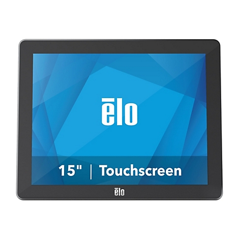 Schwarzer Touchscreen-Monitor mit blauem Hintergrund und weißem "ēlo" Logo. Text: "15" | Touchscreen".