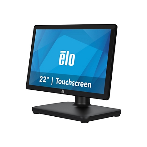 Ein schwarzer Touchscreen-Monitor mit blauem Hintergrund und weißem Schriftzug "élo". Unter dem Bildschirm steht "22" | Touchscreen".