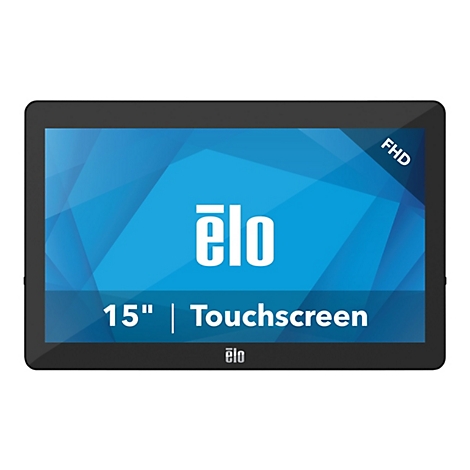 Ein schwarzes Touchscreen-Tablet mit blauem Hintergrund. Der Text zeigt "Elo 15" Touchscreen FHD."