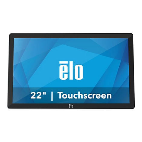 Schwarz gerahmter Touchscreen Monitor mit blauem Hintergrund. Darauf steht "ēlo 22" | Touchscreen".