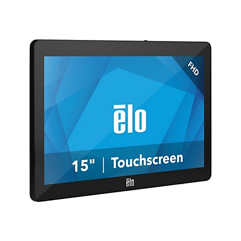 Ein schwarzes 15" Touchscreen Tablet mit blauem Hintergrund und Elo-Logo.