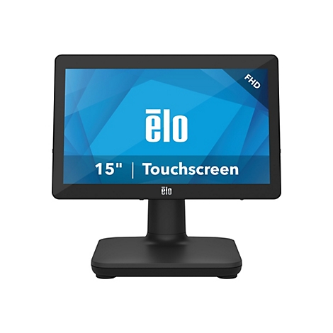 Ein schwarzer Touchscreen-Monitor mit der Aufschrift "ëlo" und "15" Touchscreen" auf blauem Hintergrund. Der Monitor steht auf einem schwarzen Sockel.