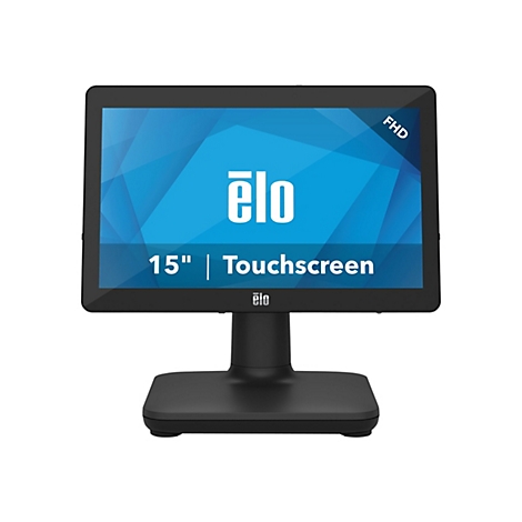Schwarzer Touchscreen-Monitor mit Elo-Logo, 15", Full HD.